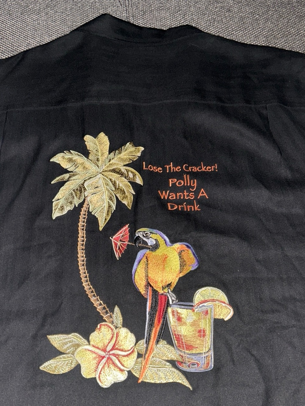 LUAU 100% silk Polly's Drink Parrot Embroidered Shirt "Lose the Cracker" Size XL
